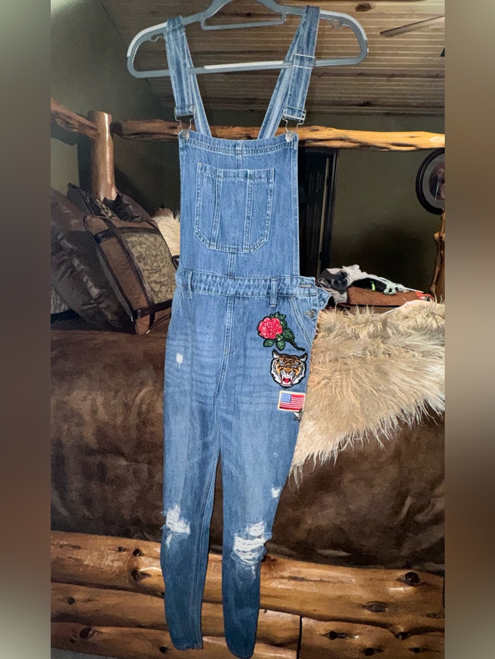 Denim Blue Women's Distressed Overall Jeans with Embroidered Patches